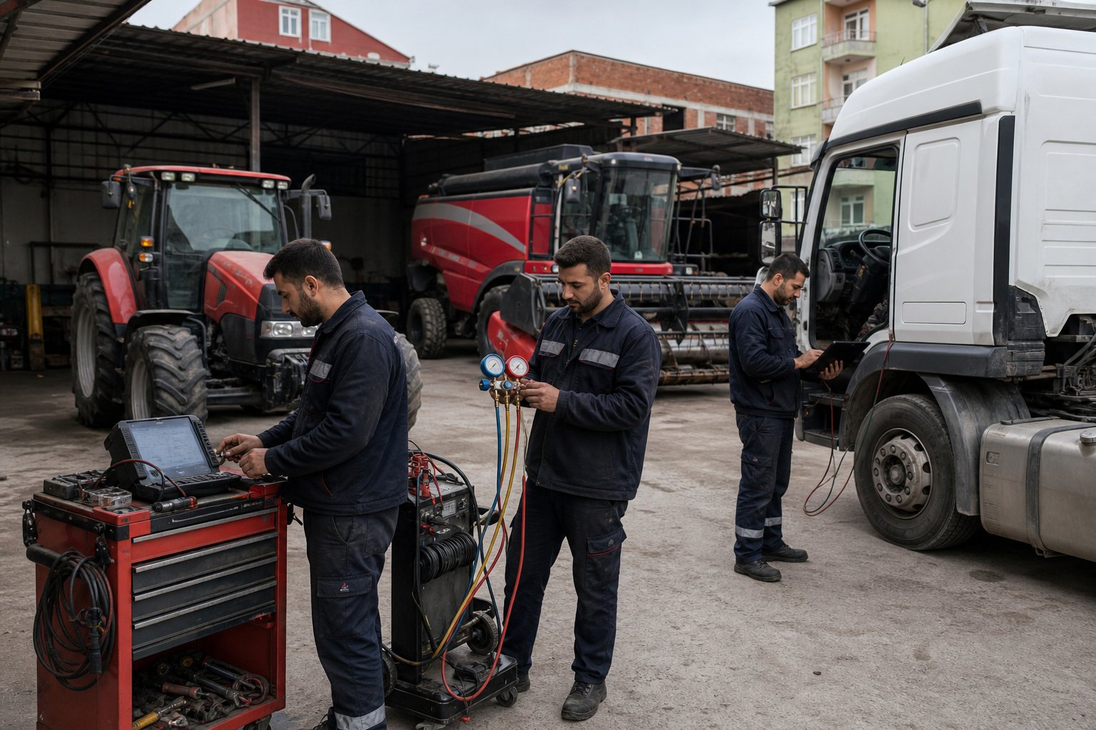 Ustaların ağır vasıta ve tarım makineleriyle çalıştığı atölye